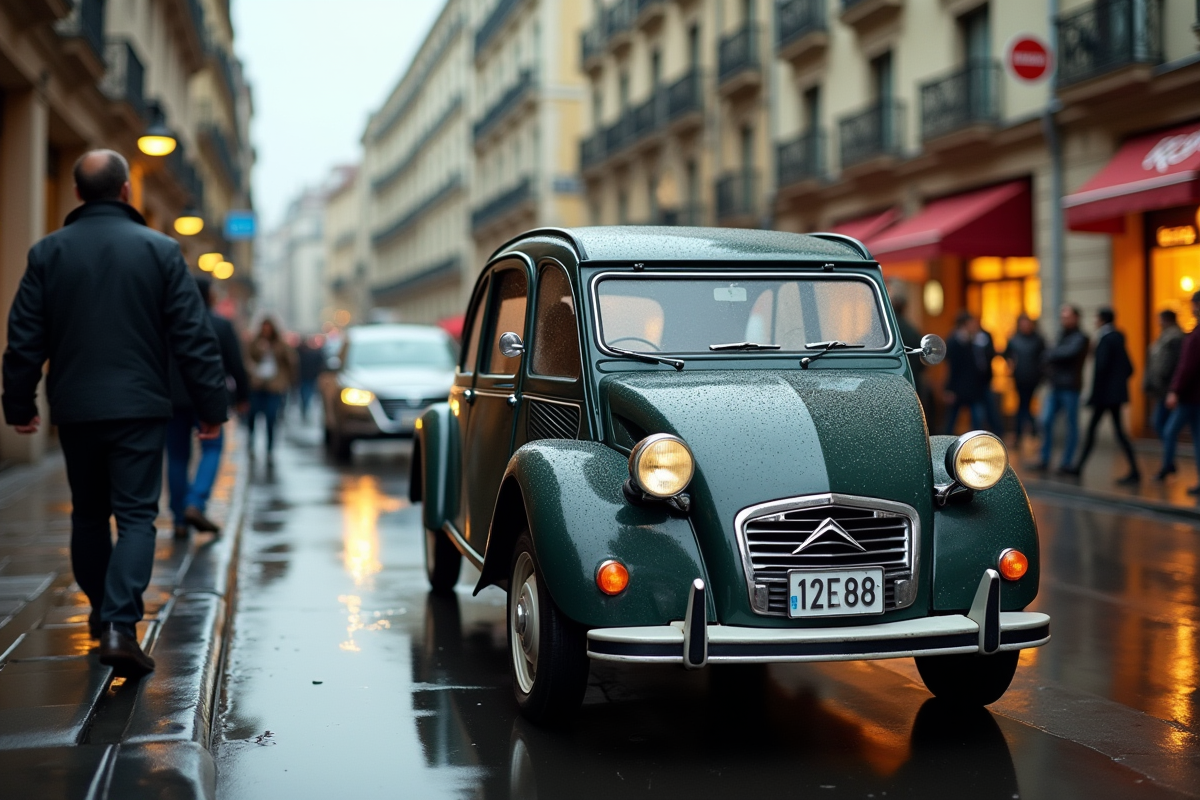 Citroën 2CV en ville sous la pluie avec reflet sur le pavé