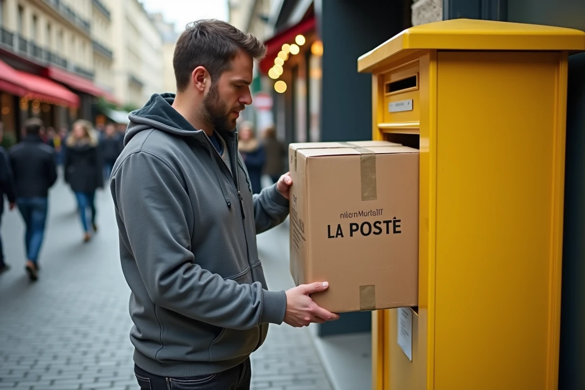 Homme essayant d'insérer un trop grand colis de retour dans une boîte aux lettres jaune La Poste en rue