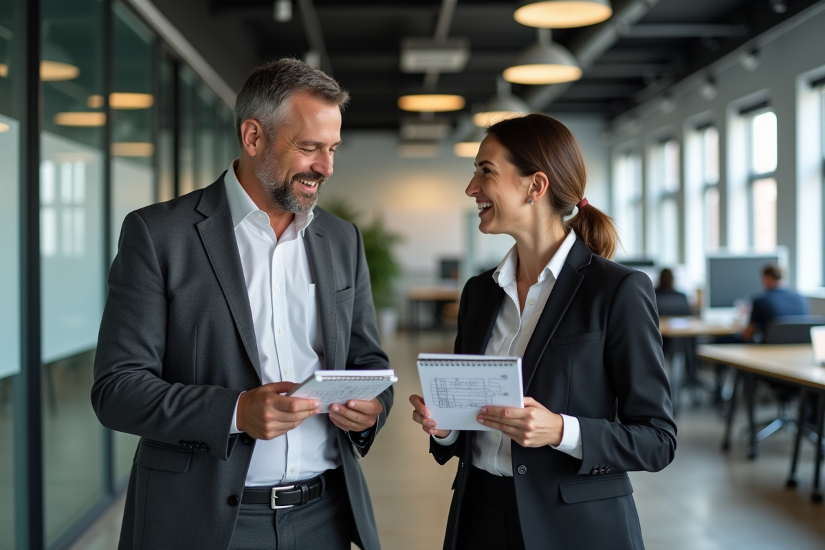 Deux collègues en discussion dans un bureau moderne