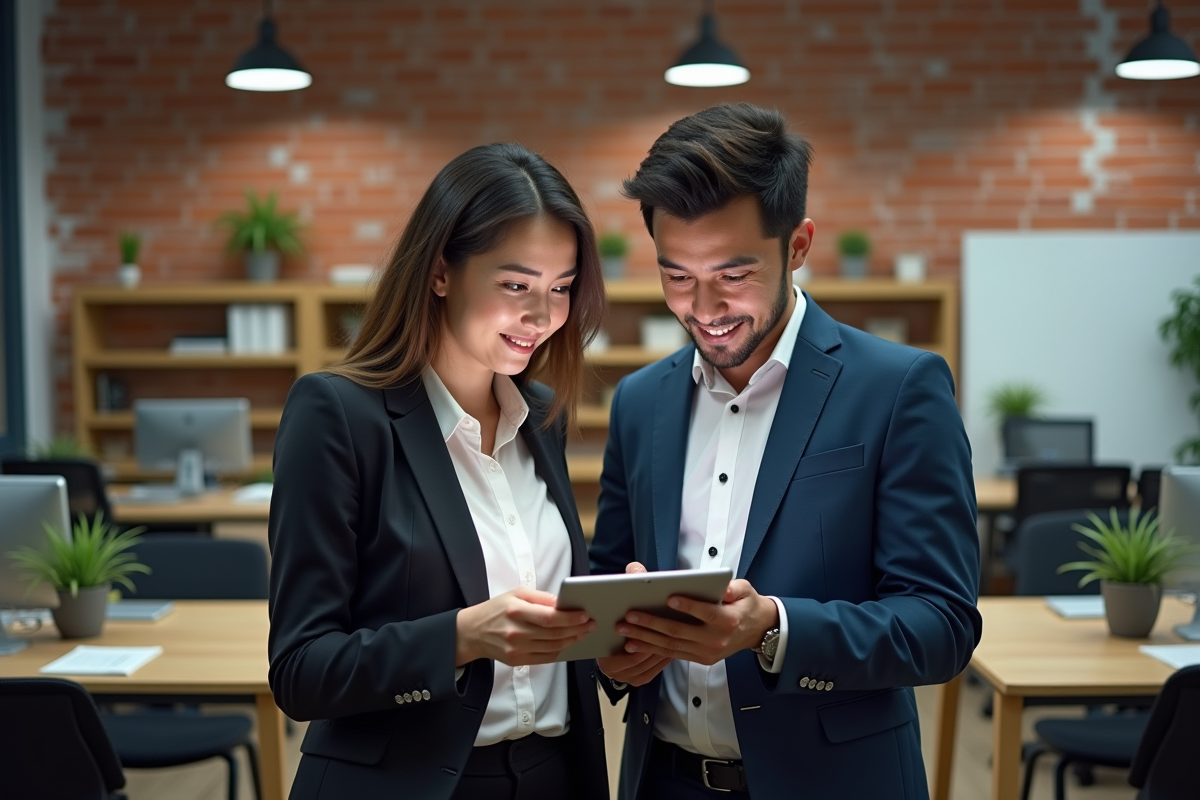 Jeune femme collaborant avec un collègue sur une tablette en open space
