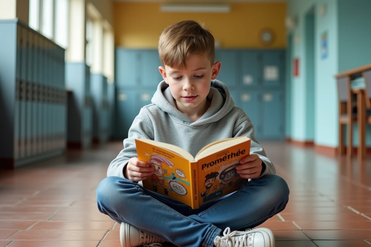 Collégien lisant un résumé simplifié du mythe de Prométhée dans un couloir scolaire