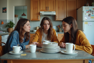 Trois jeunes adultes dans une cuisine en désordre avec tension