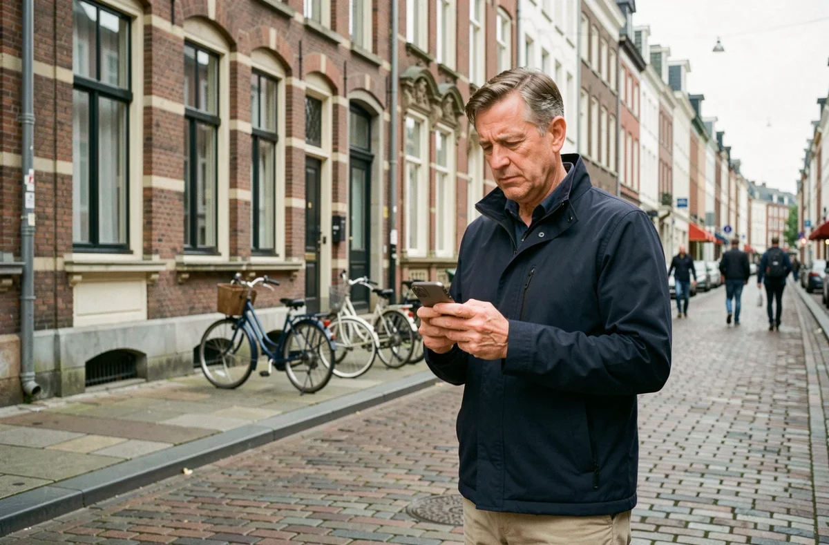 Homme composant un numéro d'urgence international sur son téléphone dans une rue pavée belge, pour illustrer le code international +32