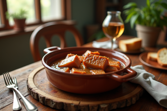 Table rustique avec confit de porc traditionnel et pain