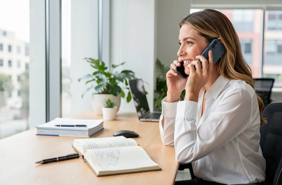 Conseillère au téléphone devant un agenda ouvert sur son bureau