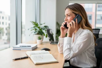 Conseillère au téléphone devant un agenda ouvert sur son bureau