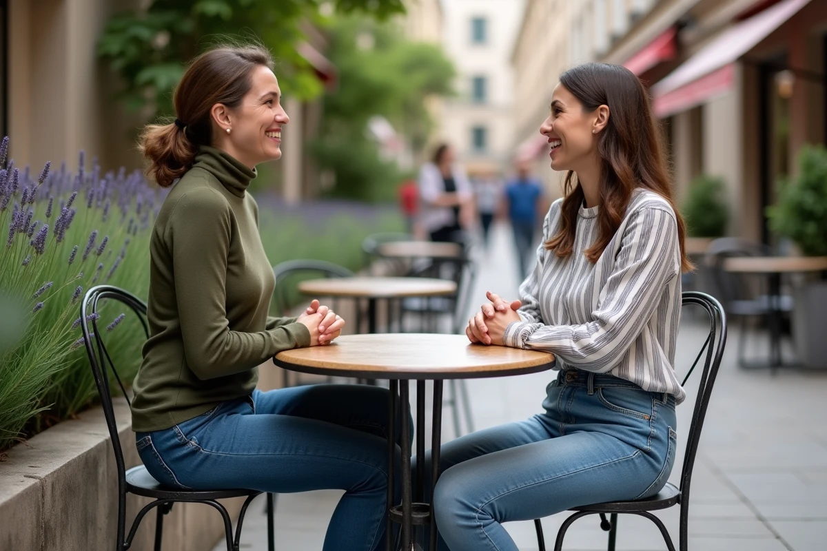 Deux femmes en conversation bienveillante à une terrasse de café, symbolisant le soutien émotionnel et le bien-être relationnel