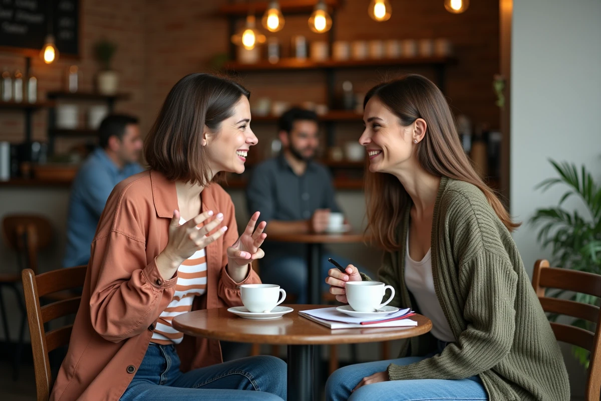 Deux femmes en conversation dans un café discutant des synonymes de mantra et de rituel verbal