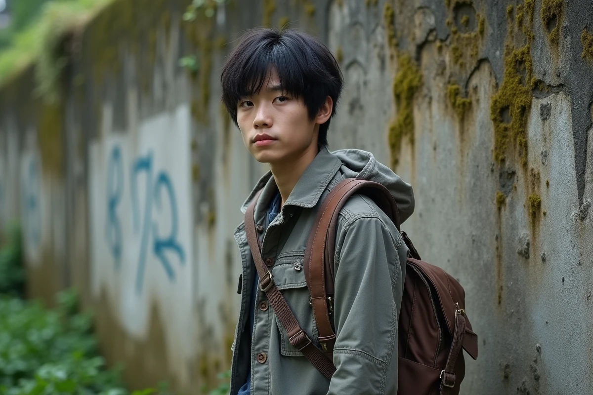 Cosplayeur en costume post-apocalyptique inspiré de Tengoku Daimakyou devant un mur de béton dégradé
