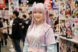 Cosplayeuse en costume anime pastel lors d'une convention manga, illustrant la culture waifu et wuifu au Japon