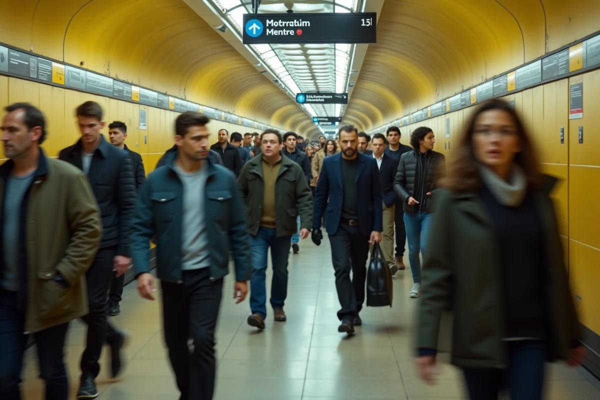Couloir bondé du métro parisien ligne 13 aux heures de pointe avec des voyageurs pressés