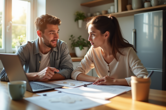 Jeune couple à la cuisine regardant des documents