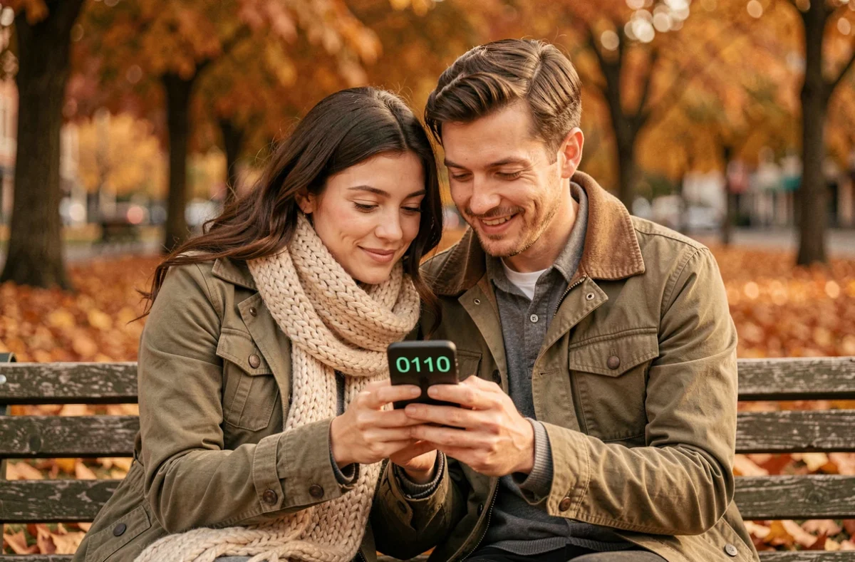Couple dans un parc en automne découvrant ensemble la signification du nombre 0110 sur un smartphone