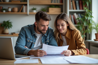 Couple détendu examinant des documents financiers à la maison