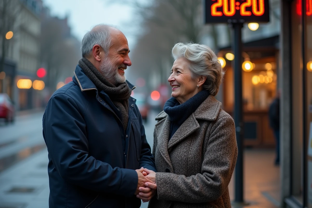 Couple souriant près d’un arrêt de bus en ville