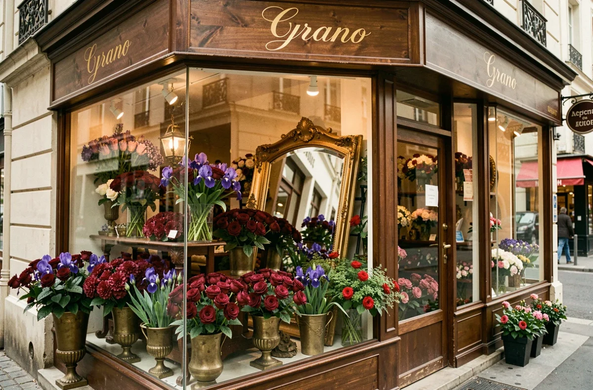Devanture romantique de la boutique Cyrano avec une vitrine dramatique de roses bordeaux, iris violets et urnes en laiton antique, et une enseigne calligraphiée