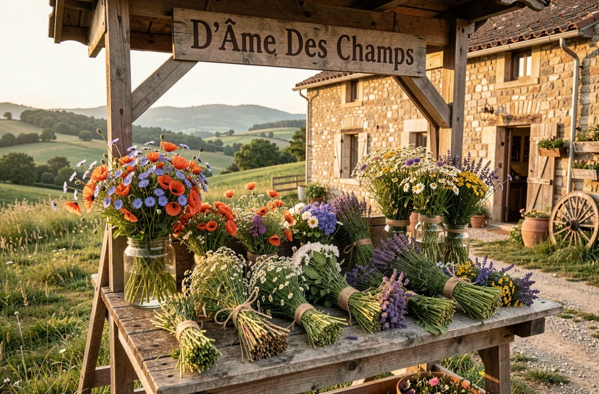 Étal champêtre de D'Âme Des Champs avec des bouquets de fleurs sauvages comme le coquelicot et la lavande, devant une ferme en pierre dans la Drôme
