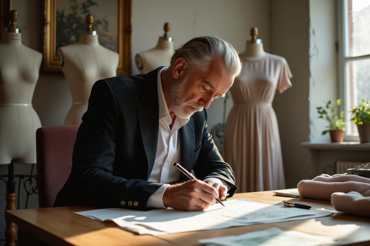 Designer de mode en atelier avec croquis et tissus