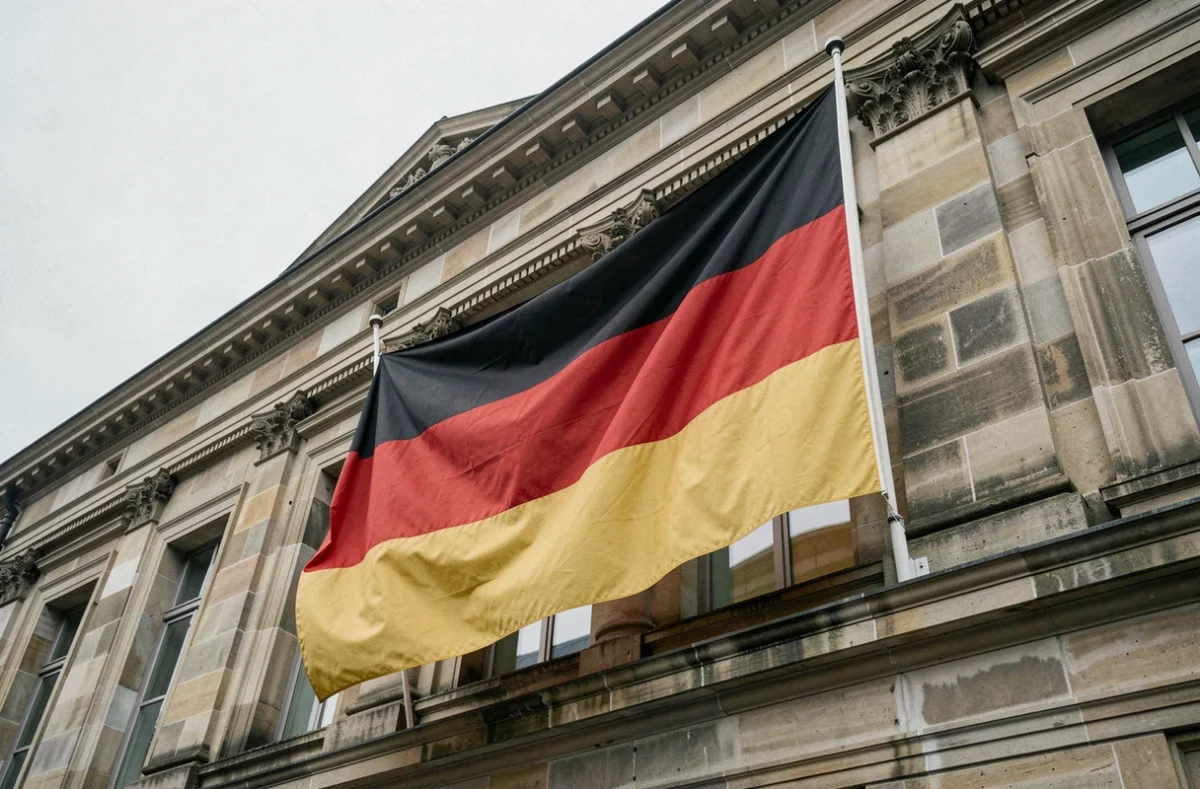Drapeau allemand noir rouge et or flottant sur un bâtiment historique en pierre, symbole national de l'Allemagne