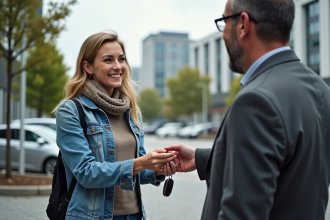 Femme souriante remettant des clés de voiture à un homme en ville