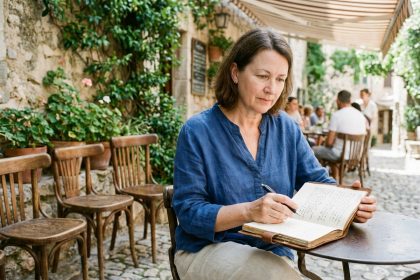 Photo d'une femme écrivaine à Nice dans un café en plein air