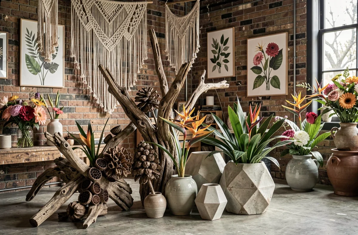 Studio floral créatif de L'Effet Fleur By A Fleur De Pot avec des compositions sculpturales mêlant bois flotté, céramiques géométriques et fleurs tropicales sur fond de mur en brique