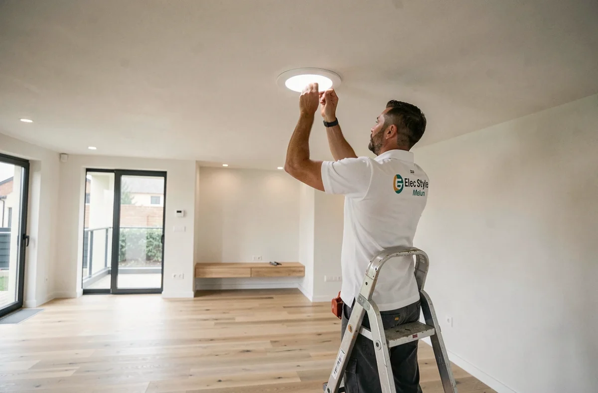 Électricien d'Elec Style à Melun installant des spots LED encastrés dans le plafond d'un salon contemporain en open space, debout sur un escabeau dans un appartement moderne