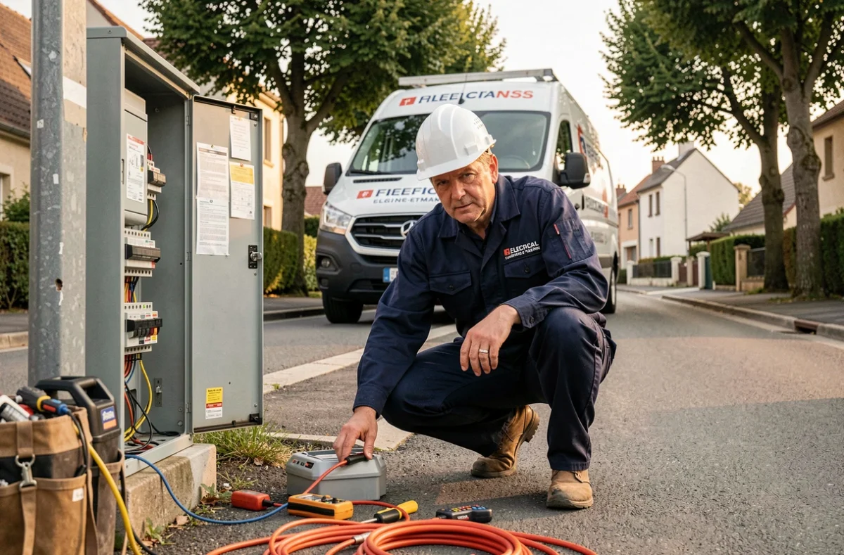 Électricien d'urgence intervenant sur un tableau électrique en Seine-et-Marne, vue grand angle illustrant le thème des meilleurs électriciens d'urgence du département