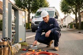 Électricien d'urgence intervenant sur un tableau électrique en Seine-et-Marne, vue grand angle illustrant le thème des meilleurs électriciens d'urgence du département
