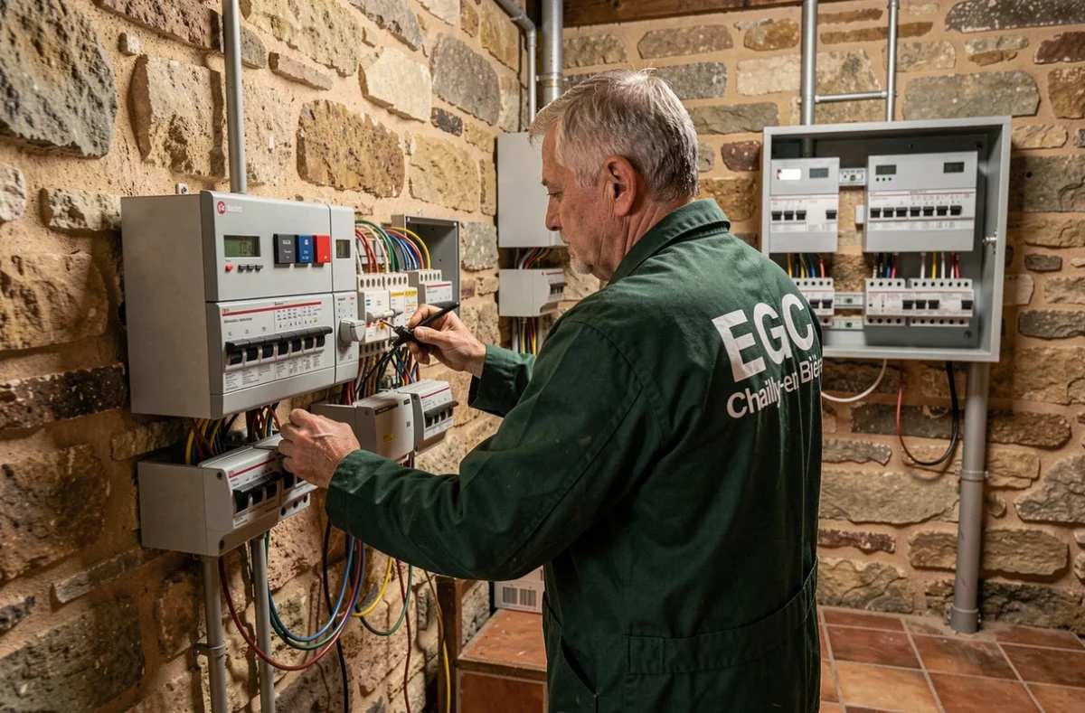 Électricien d'Électricité Générale Chailly (EGC) testant des circuits électriques dans la cave utilitaire en pierre d'une ferme traditionnelle près de Chailly-en-Bière, avec des tableaux anciens en cours de remplacement