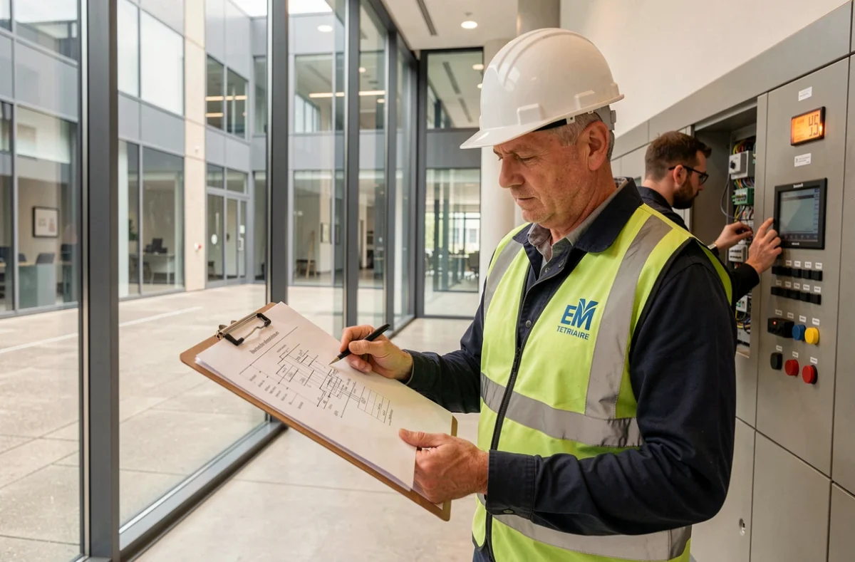 Technicien EMI Tertiaire consultant des plans électriques dans le hall d'un immeuble de bureaux moderne, avec un collègue intervenant sur un tableau de gestion technique en arrière-plan