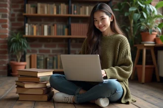 Jeune femme consultant une encyclopédie collaborative en ligne sur son ordinateur portable, entourée de vieux manuels scolaires empilés sur le sol