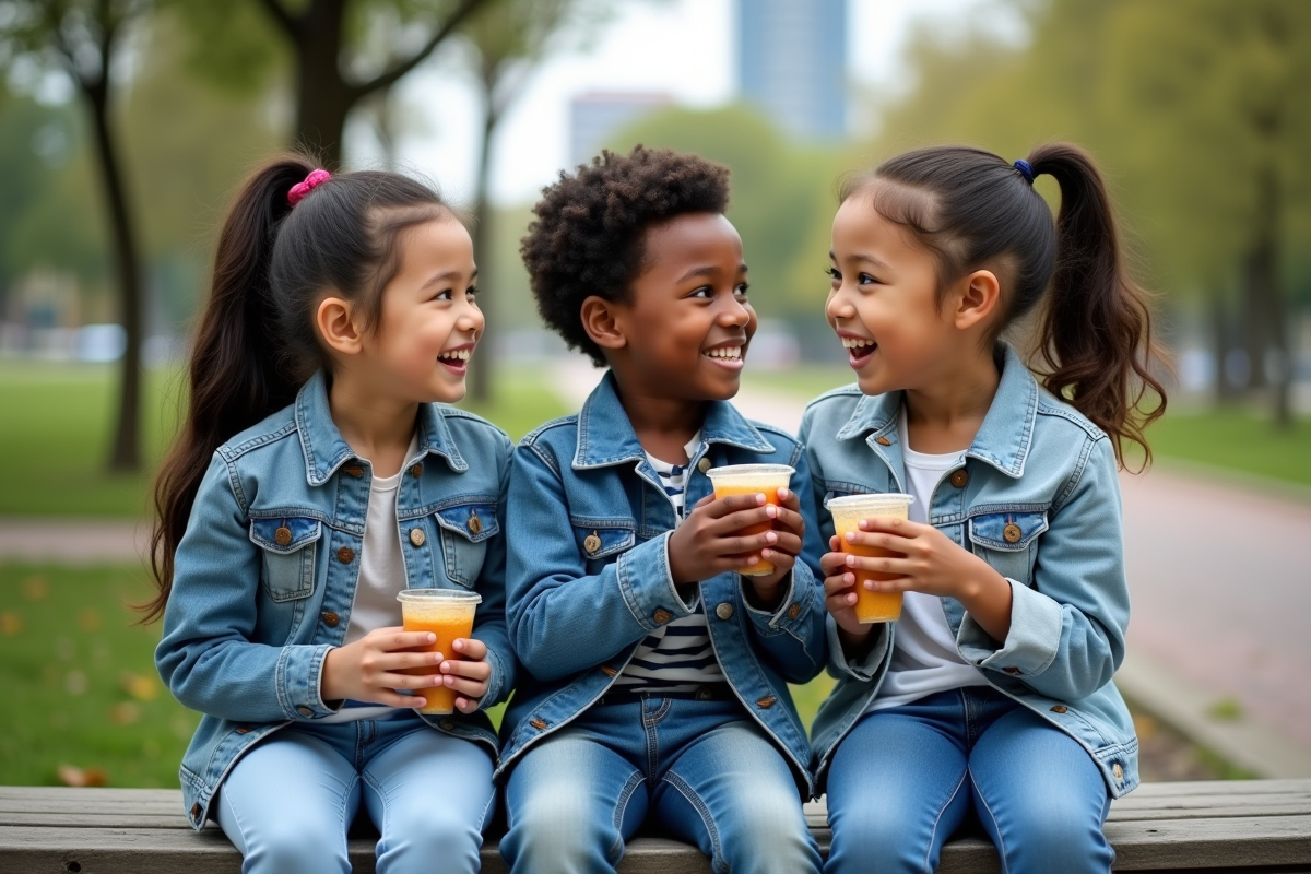 Trois enfants souriants assis sur un banc de parc en ville