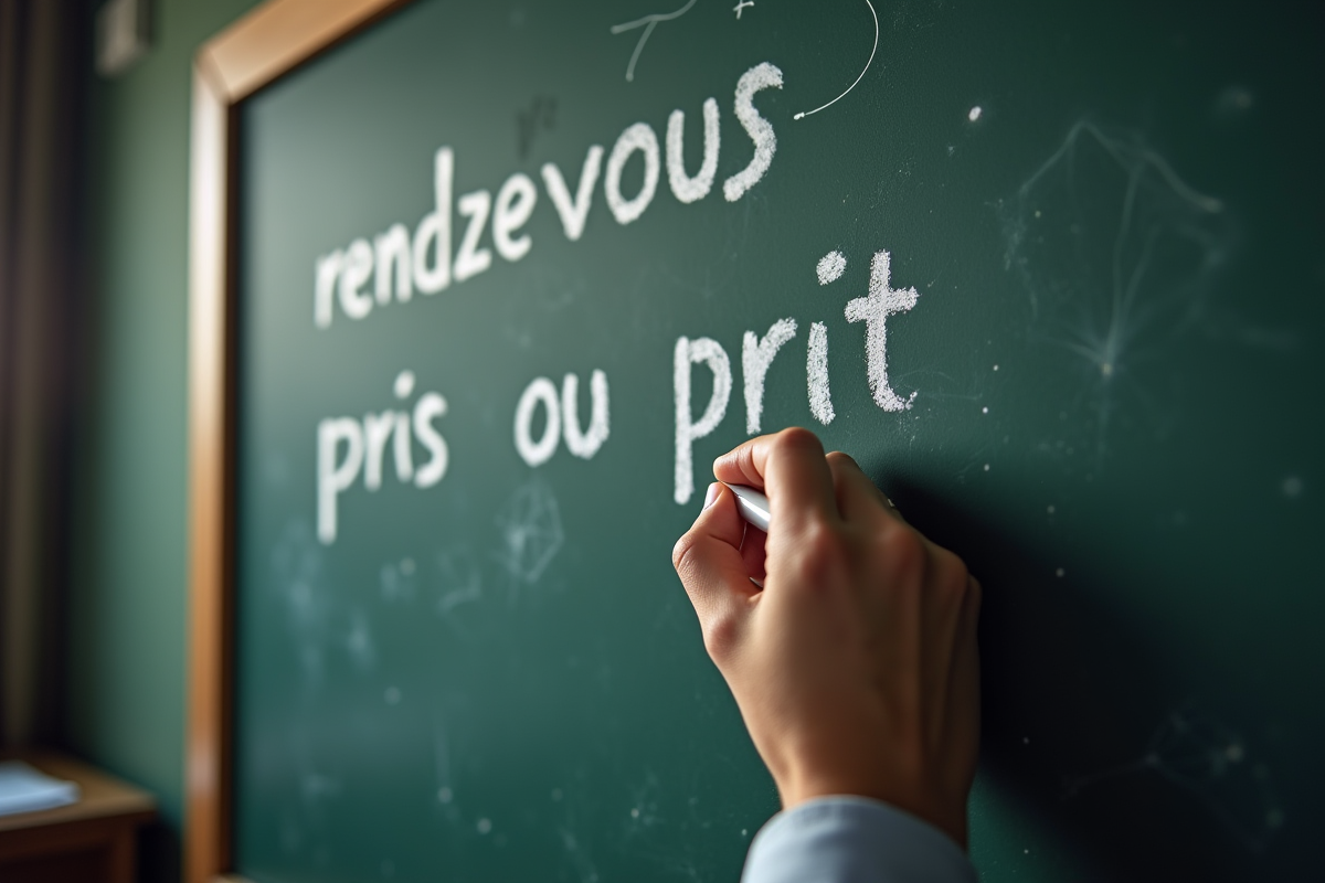 enseignant e écrivant sur tableau noir en classe