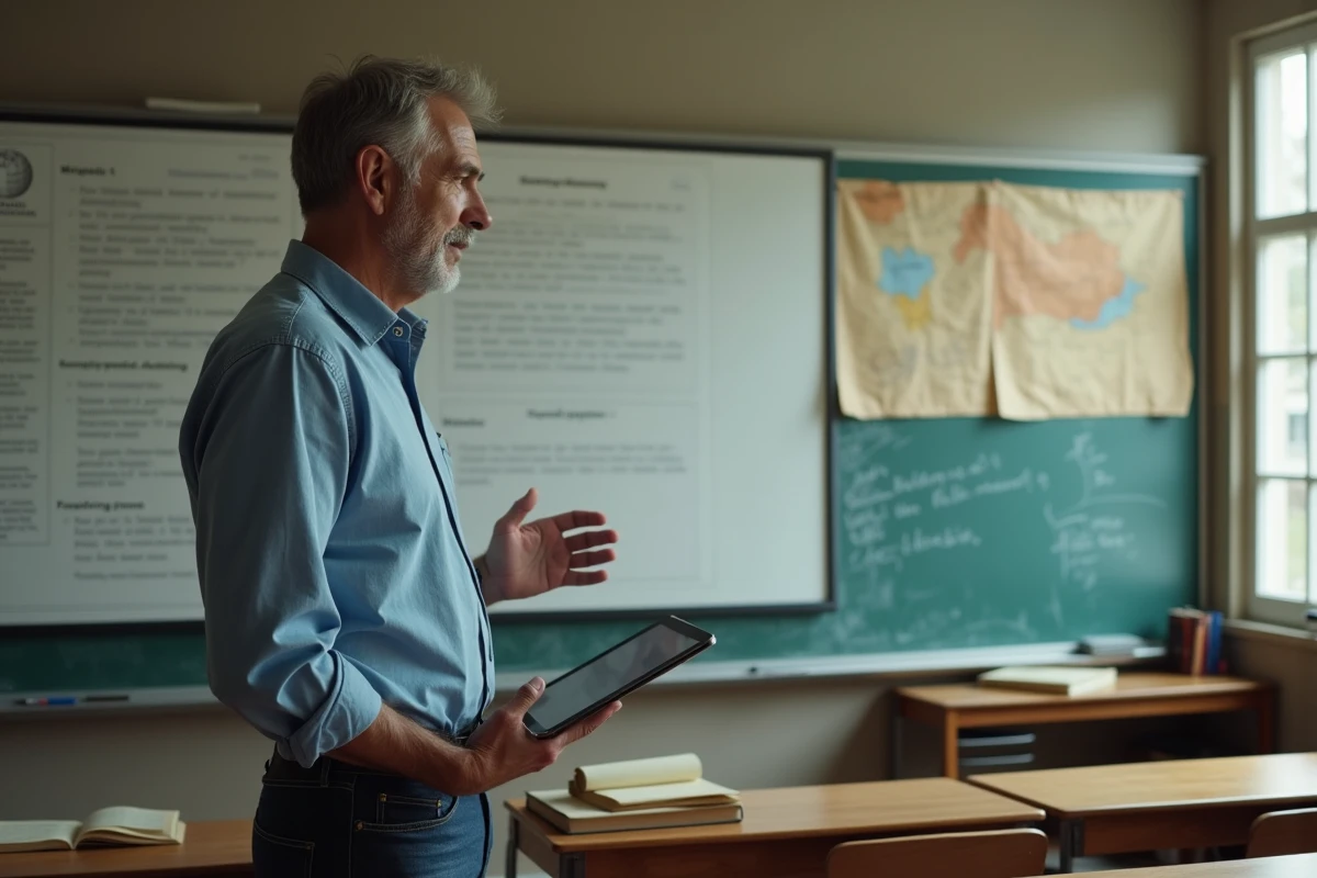 Enseignant présentant une encyclopédie collaborative en ligne sur tableau de projection dans une salle de classe, avec d'anciens manuels posés sur le bureau