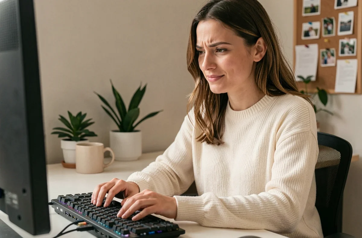 Jeune femme qui s'entraîne à la dactylographie sur clavier mécanique pour améliorer sa vitesse de frappe au jeu Bomb Party