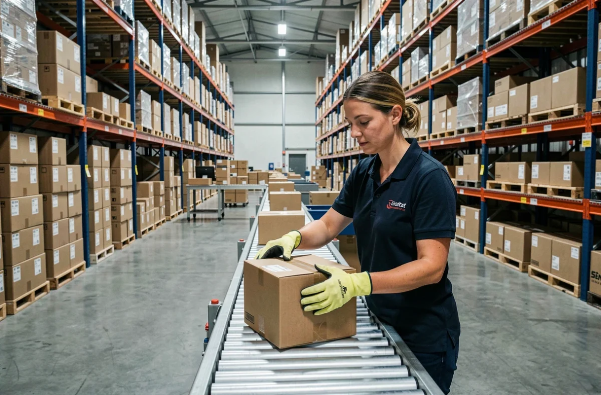 Une employée scanne des colis sur un tapis roulant dans un entrepôt de commerce en ligne moderne, illustrant la logistique des grandes ventes du Cyber Monday
