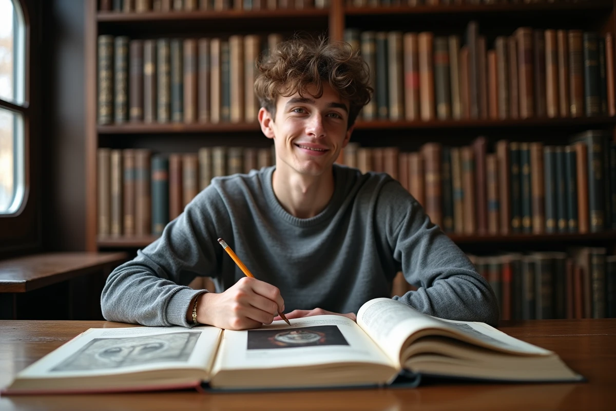 Étudiant en art étudiant les grands peintres célèbres dans une bibliothèque universitaire