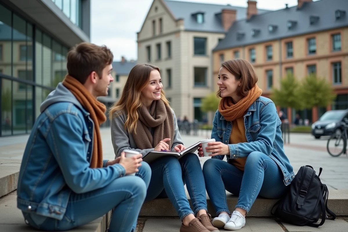 Groupe d'étudiants discutant sur les marches d'un campus universitaire à Rennes, illustrant l'attractivité de la ville pour les jeunes