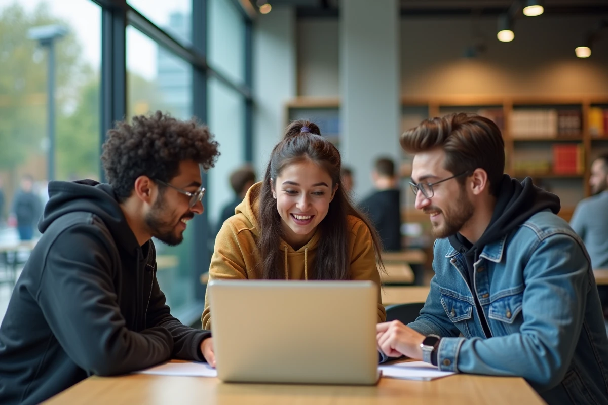 Groupe d'étudiants discutant d'un article Wikipédia ensemble sur un campus universitaire