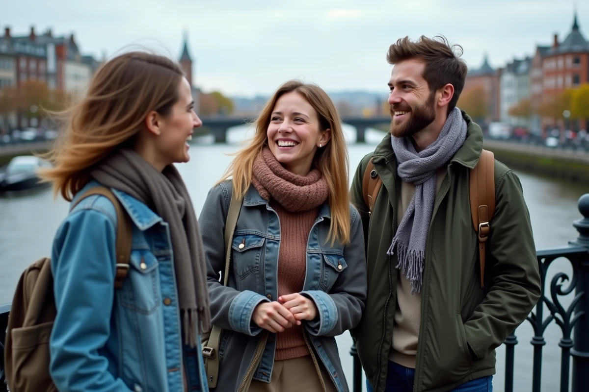Groupe de jeunes habitants discutant sur le Ha'penny Bridge à Dublin, symbole de la vie sociale et de l'intégration des expatriés en Irlande