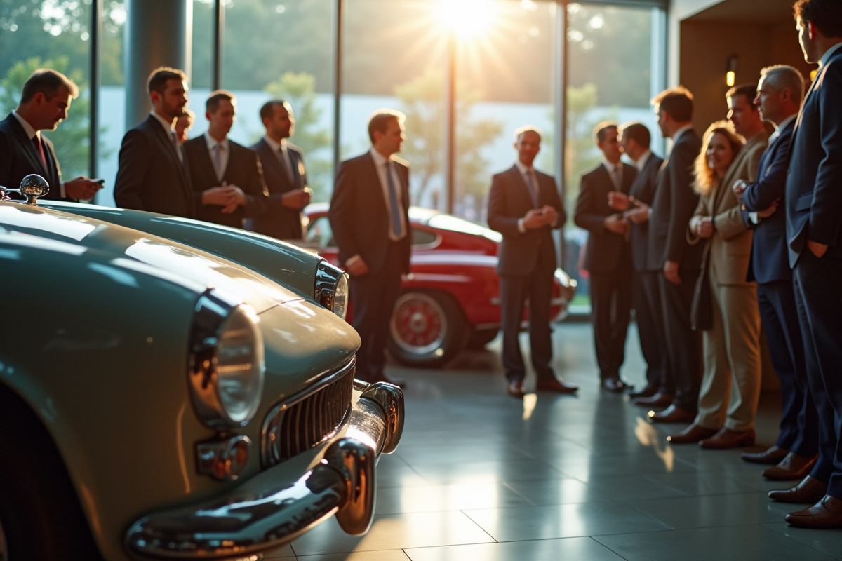 Fans automobiles examinant une voiture classique en intérieur lumineux