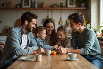 Famille recomposée autour d'une table en cuisine chaleureuse