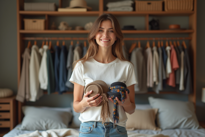 Jeune femme avec foulards et accessoires dans une chambre chaleureuse