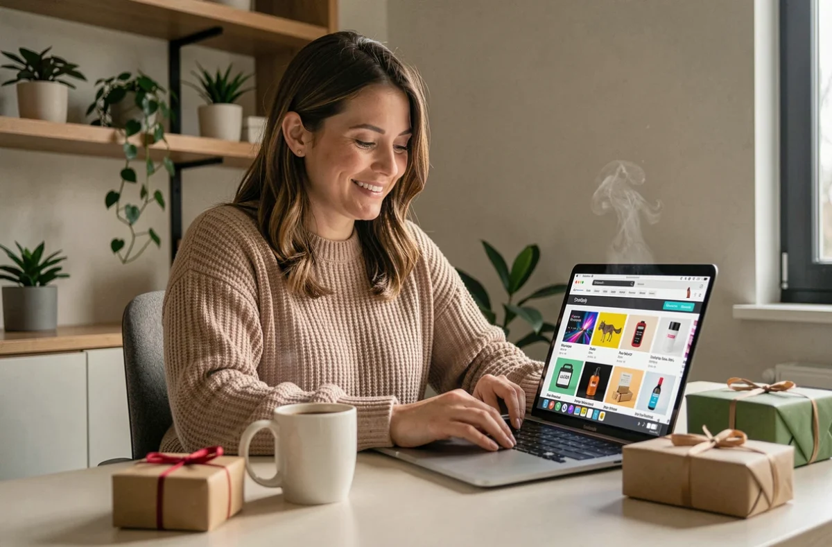 Une femme souriante fait ses achats en ligne lors du Cyber Monday sur un ordinateur portable depuis son bureau à domicile, entourée de colis et d'une tasse de café