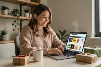 Une femme souriante fait ses achats en ligne lors du Cyber Monday sur un ordinateur portable depuis son bureau à domicile, entourée de colis et d'une tasse de café