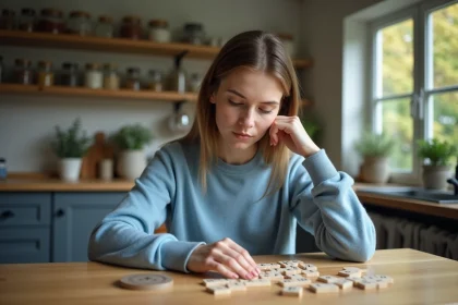Jeune femme arrangeant des lettres pour un anagramme dans la cuisine