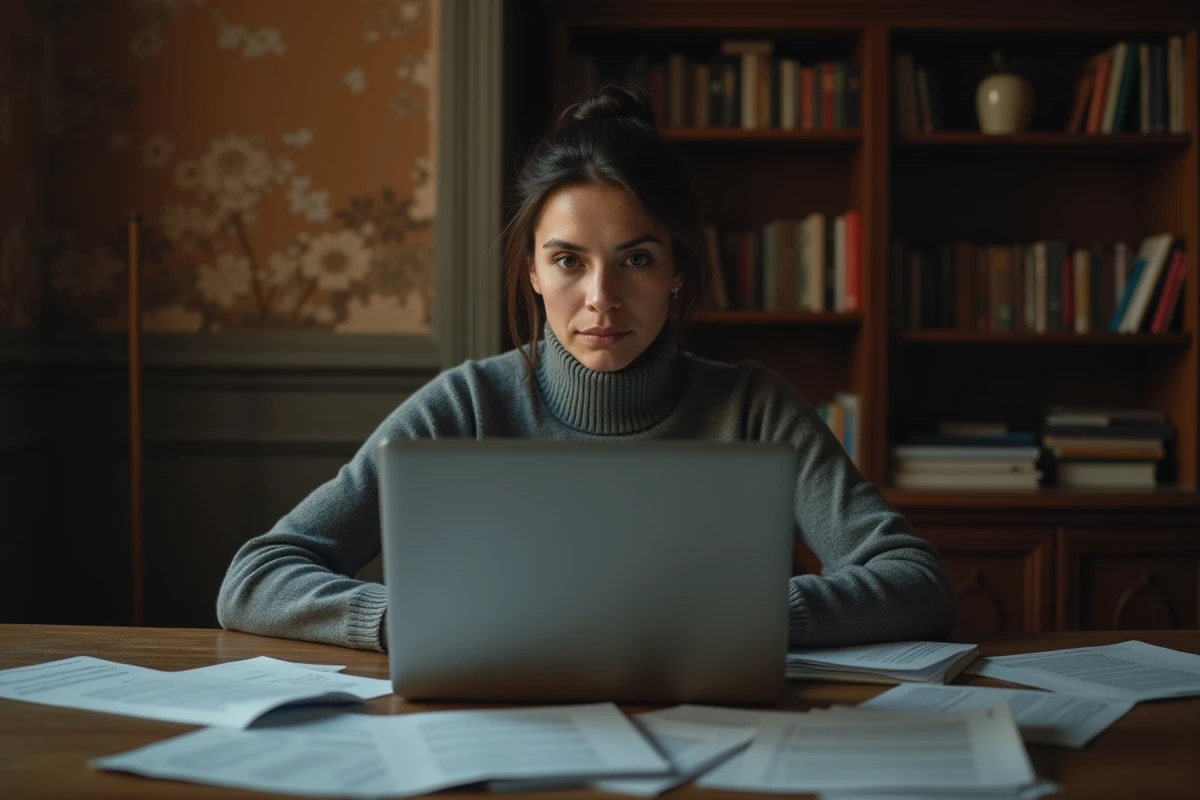 Femme concentrée devant un ordinateur dans un appartement ancien, atmosphère de série thriller Netflix