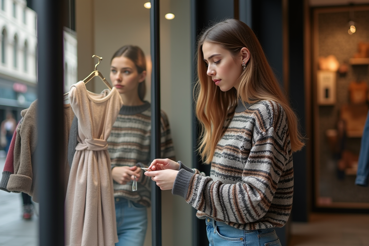 Jeune femme regardant une vitrine de boutique de luxe