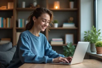 Jeune femme au bureau dans un appartement cosy